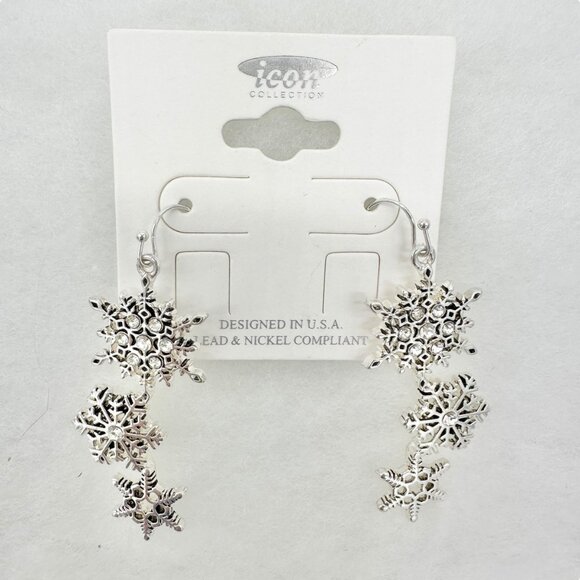Snowflake Jewelry Set Earrings and Bracelet Icon Collection Silver Tone Winter - Picture 3 of 8
